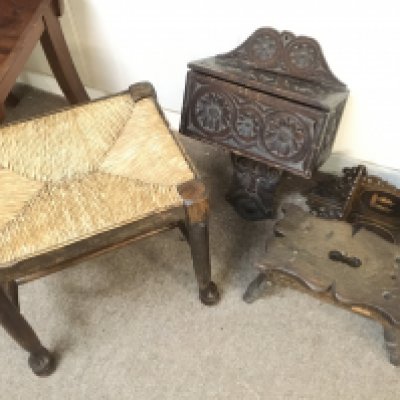 A small carved stool, carved box, olive wood corner bracket