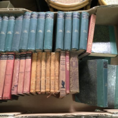 Two boxes of books including a short history of the world by H.G WELLS, the life of Samuel Johnson by James Boswell volumes ,Charles Dickens Waverley books , Folio society The life of Charlemagne etc. postage category C x2