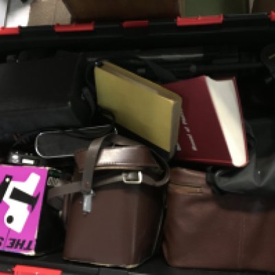 A box of vintage cameras including a Zenit-B, Ilford Sporti, Retinette, SIX-20 Brownie E etc. this lot cannot be posted. NO RESERVE