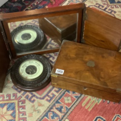 WITHDRAWN - A vintage mahogany framed folding mirror, brass fitted writing slope, circular wall barometer.