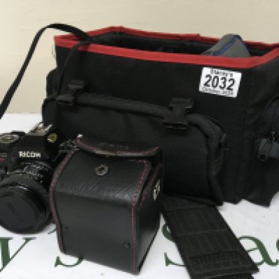 A Ricoh KR-10 35mm camera and Sigma lens a flash and other equipment in a camera canvas case. NO RESERVE