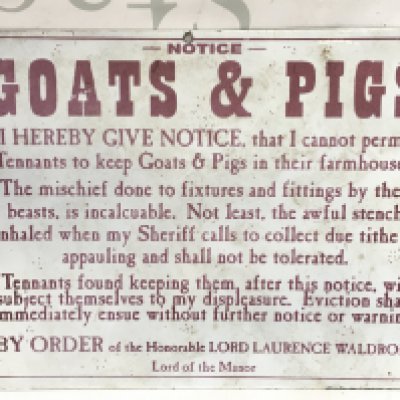A small metal sign for keeping goats and pigs in farmhouses by Lord Laurence Waldron of the Manor dimensions 29x21cm . Postage category B
