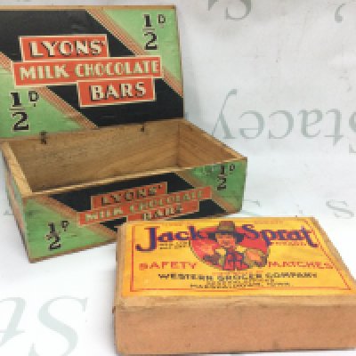 A good jack sprat vintage unopened pack of safety matches distributed by Western Grocier Company Marshall town Iowa USA and vintage small wooden box for Lyons milk chocolate bars . Postage category b