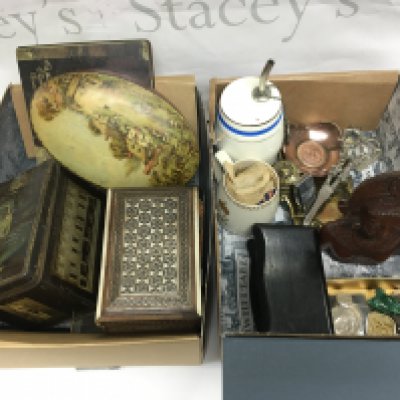 Two boxes of vintage tins and other interesting items including grape scissors, coins, brass inkwell etc. Shipping category D.
