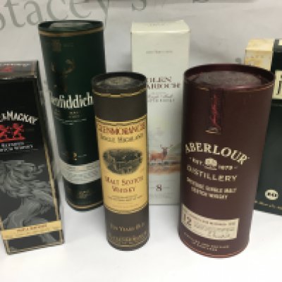 Six bottles of Whiskey comprising five single malt examples plus a collection of miniature whiskeys and one port. Shipping category D.