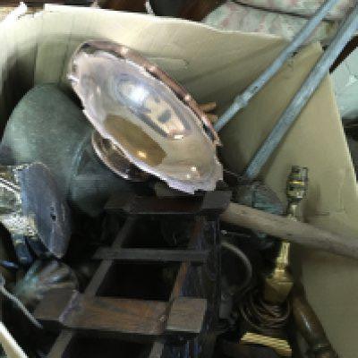a collection of assorted items including a brass fire guard, silver plated dish, wooden and metal items