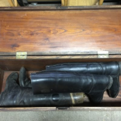 Vintage leather riding boots Hawkins size 8 made in England and in a 19th century elm box 30cm deep 92cm wide 35cm tall.