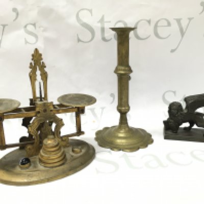 Small set of Victorian scales , small winged lion bronze and a late 18th century brass candle stick . Postage category B