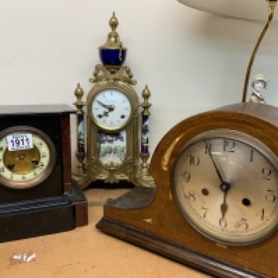 3 vintage mantle clocks of various forms.