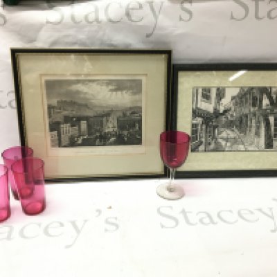 Four cranberry glasses, Framed Edinburgh engraving , From the Carlton Hill and a framed print The Shables in York. This lot cannot be posted