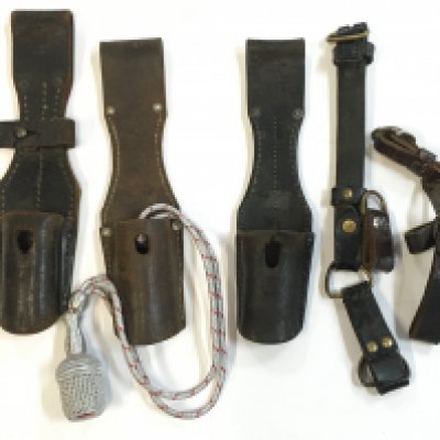 Three German k98 leather bayonet frogs , leather sword hanger, triple hanger and two belt loops, and a bullion dagger knot GC. Postage category B