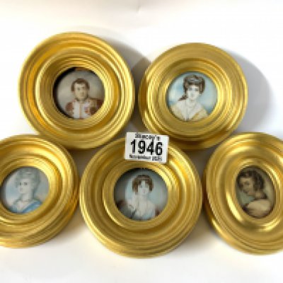 5 small gilt framed miniature paintings.