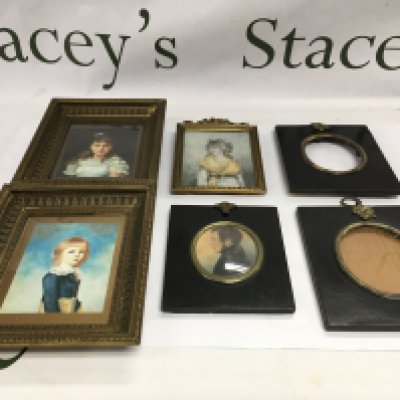 Four framed miniatures, comprising Henry Jacob Birch by Sylvester Douglas, two gilt framed portraits of ladies, oval Officer portrait and two ebonised frames