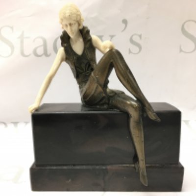 A bronze Art Deco Ferdinand Preiss figure , seated lady on marble base. 22cm tall 18cm wide approximately. Postage category B