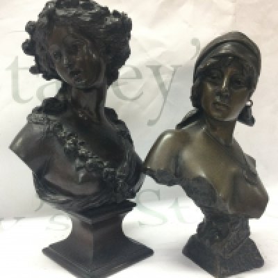 Two late 19th century French bronze lady busts , Joseph Charles Marin young Woman Crowned with Flowers and an Emmanuel Villanis La Bohemienne. Postage category B