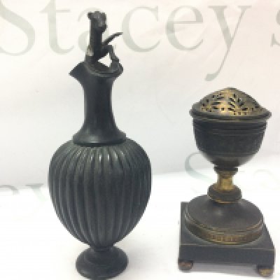 A small bronze ewer and a George III gilt metal pot porri 13 and 17cm tall. Postage category B