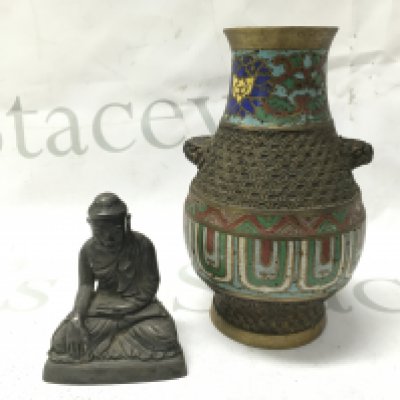 A Japanese bronze enamelled vase (15cm tall) and a seated Buddha figure (8cm tall) . Postage cat b