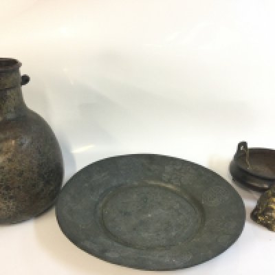 Chinese items including a charger, silvered copper large jug, Buddha figure and an incense burner with six character mark at base, this lot cannot be posted