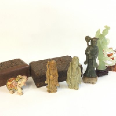 Chinese soapstone figures and carved trinket boxes. This lot cannot be posted