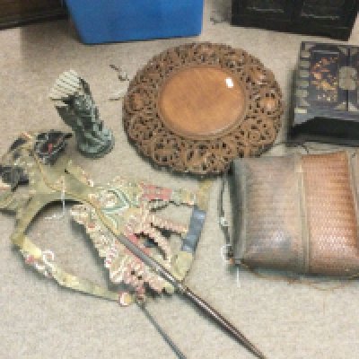 Chinese items including a small jewellery cabinet box, larger cabinet, Indonesian sculpture figure , wooden carved tray. This lot cannot be posted