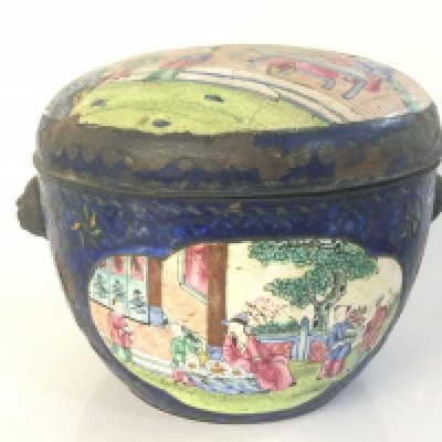 A Chinese Cantonese enamel bowl and cover , 15cm tall. Postage category b