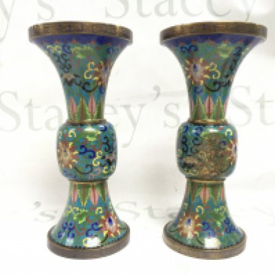 Two Chinese bronze cloisonne vases, 22cm high. Some damage . Postage category B