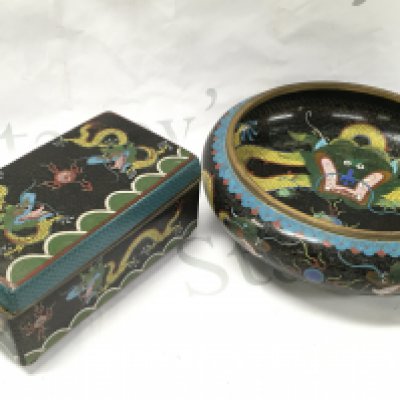 A Chinese Cloisonne Dragon box (17cm wide 8cm tall 9cm deep ) and dish, four character mark to base. (8cm tall 25cm wide). Postage category C