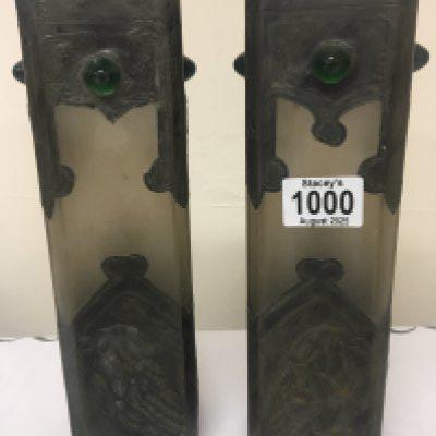 A pair of Unusual glass vases of square shape with applied pewter decoration with owls and raised green stone jewel. Height 28cm