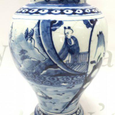An 18th century Delft Dutch chinoiserie vase with river temple scene decoration , hairline crack damage and chips. 21cm tall approximately. This lot cannot be posted