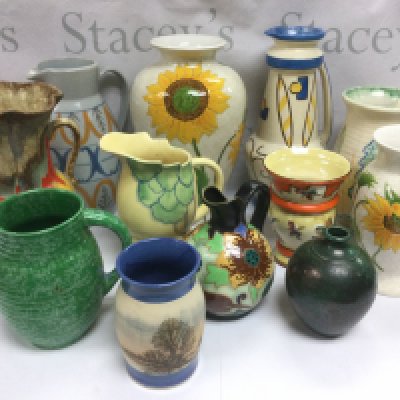 A collection of studio art pottery jugs and vases. Shipping category D.