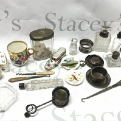 A Collection of oddments including cut glass silver Hallmarked bottles, Mintons ceramic heart trinket box , silver hallmarked walking stick topper, vintage Negretti & Zambra compass ,Spode. This lot cannot be posted