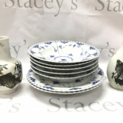 Royal Copenhagen blue fluted full lace plates and Diana Faience Copenhagen fish vases . This lot cannot be posted