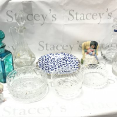 A collection of cut glass decanters and bowls including a Villeroy & Boch decanter, Royal Doulton Sweet dreams figure, Victorian Minton blue floral plate. This lot cannot be posted