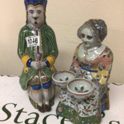 Two French Faience ceramic figures some slight damage. Hight 27cm