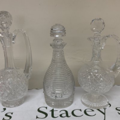 3 Crystal items, Thomas Webb Crystal Ewer, Unusual Victorian Ribbed cut crystal decanter and stopper, Unmarked Crystal Ewer.