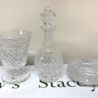 A Waterford cut crystal celery vase, 20cm, Waterford Crystal decanter 30cm, Waterford crystal ashtray 18cm