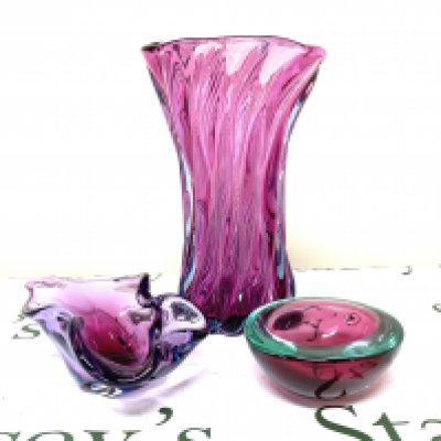 A large Czechoslovakian amethyst studio glass vase 30cm, A small studio glass bowl, 2 colour glass studio glass bowl.