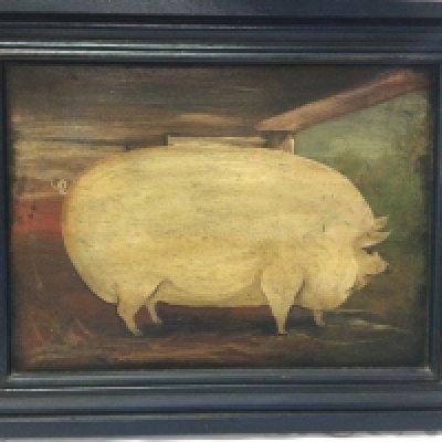 A framed oil painting of a prize pig in landscape. Frame Dimensions 46x36cm