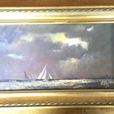 Vic Ellis, serial No. H25, oil on canvas titled. Sunday Evening at the Entrance to the River Branch. 44.5cm x 29.5cm.