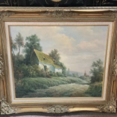 Andrew Grant Kurtis, Landscape oil on canvas with figures and sheep, J Harington on canvas landscape painting.