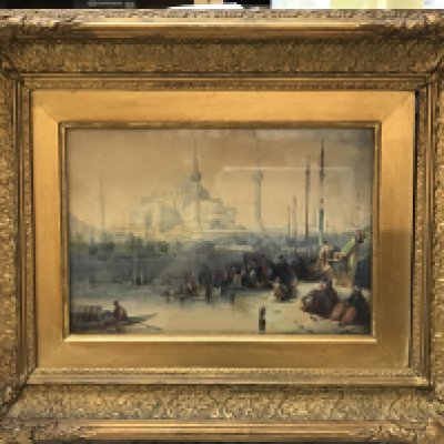 A gilt framed water colour view of Hagia Sophia in Istanbul, in the style of French artist Alexandre Clausels (1802 - 1884) Vue De Sainte Sophie. Frame dimensions 51x42 cm This lot cannot be posted
