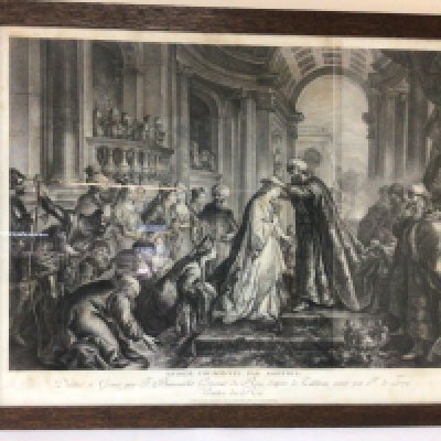 A Set of Four French 19th century black and white prints Classical Court scenes with figures in oak frames. 68x55cm (4)