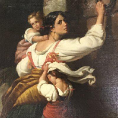 A conforming Italian School oil painting on canvas study of a woman with children at a doorway. After conforming art by Giuseppe Mazzolini (1806-1878) canvas relined.