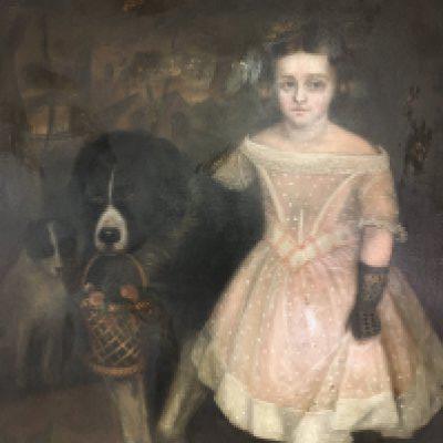 An Early Symbolic Victorian oil painting study of a young girl with Burmese Mountain dog carrying a basket of flowers with other dogs and a church building beyond. Unsigned and unattributed.