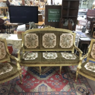 A French Louis XV Gilt three piece with woven floral patterns. 116cm tall- NO RESERVE