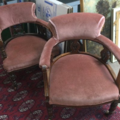 A pair of Edwardian carved walnut and upholstered tub chairs. Shipping category D.- NO RESERVE