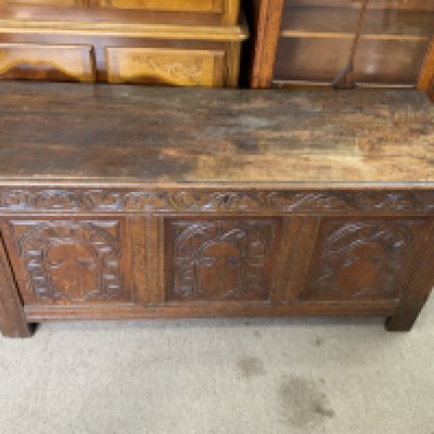 A Victorian gothic oak blanket box. 138cm x 50cm x 62cm