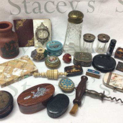 A collection of items including a mother of pearl case, terracotta Victorian vase with decorated hunting scene, tortoiseshell boxes, vintage enamel decorated trinket box. This lot cannot be posted