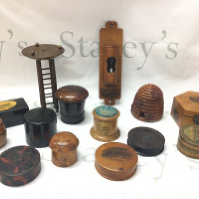 19th century treen Including trinket boxes , needle cushion, hourglass, etc . Postage category B
