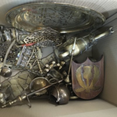 Two boxes containing a collection of brass ware various